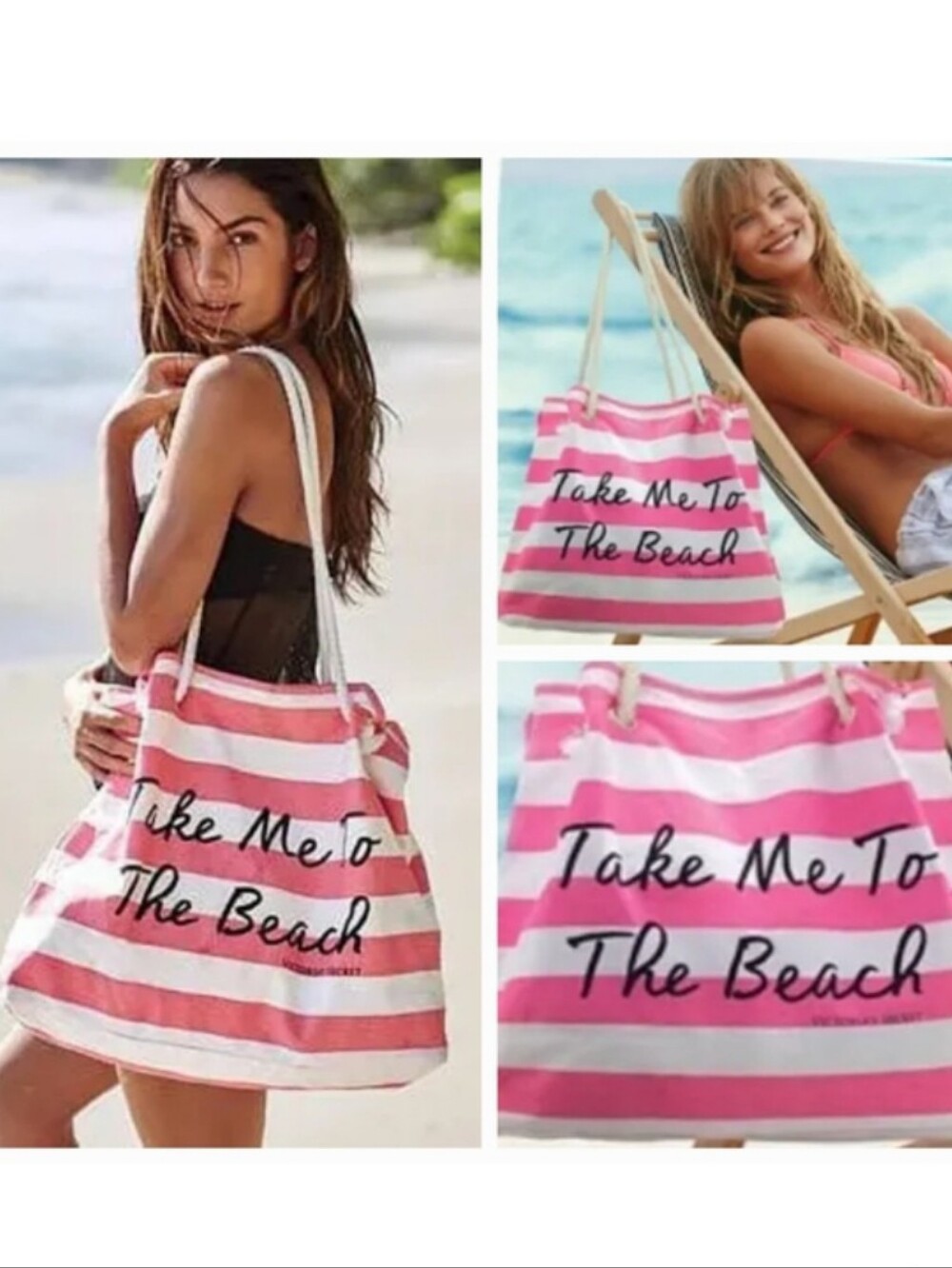 Victoria's Secret Striped Travel Beach Summer Large Bag Pink And White